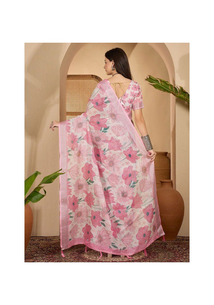 Malishka Export Pink Linen Cotton Digital Print Saree for Women - Image 2